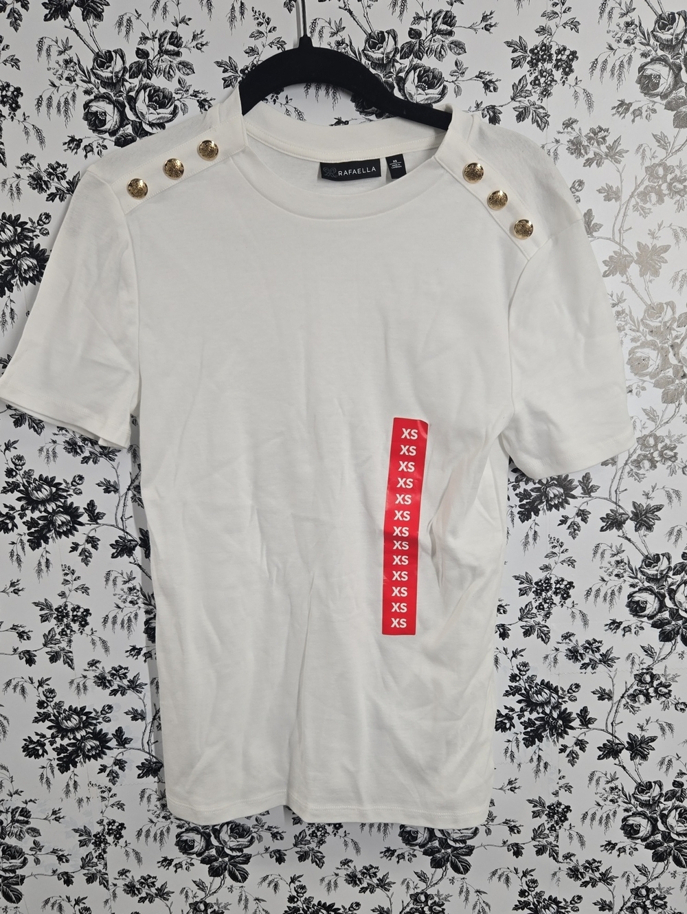 Rafaella White Short-Sleeve Tee with Gold Shoulder Buttons